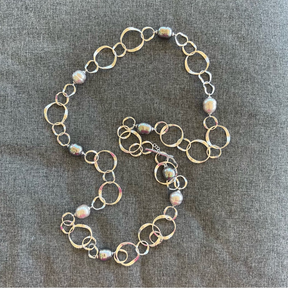 Vintage Hammered Silver Tone Faux Pearl 39” Long Necklace Toggle Clasp